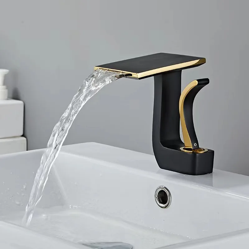 

New Design Full Brass Creative Art Black Gold Waterfall Faucets Bathroom Basin Tap Hot and Cold Bathroom Sink Mixer Faucet