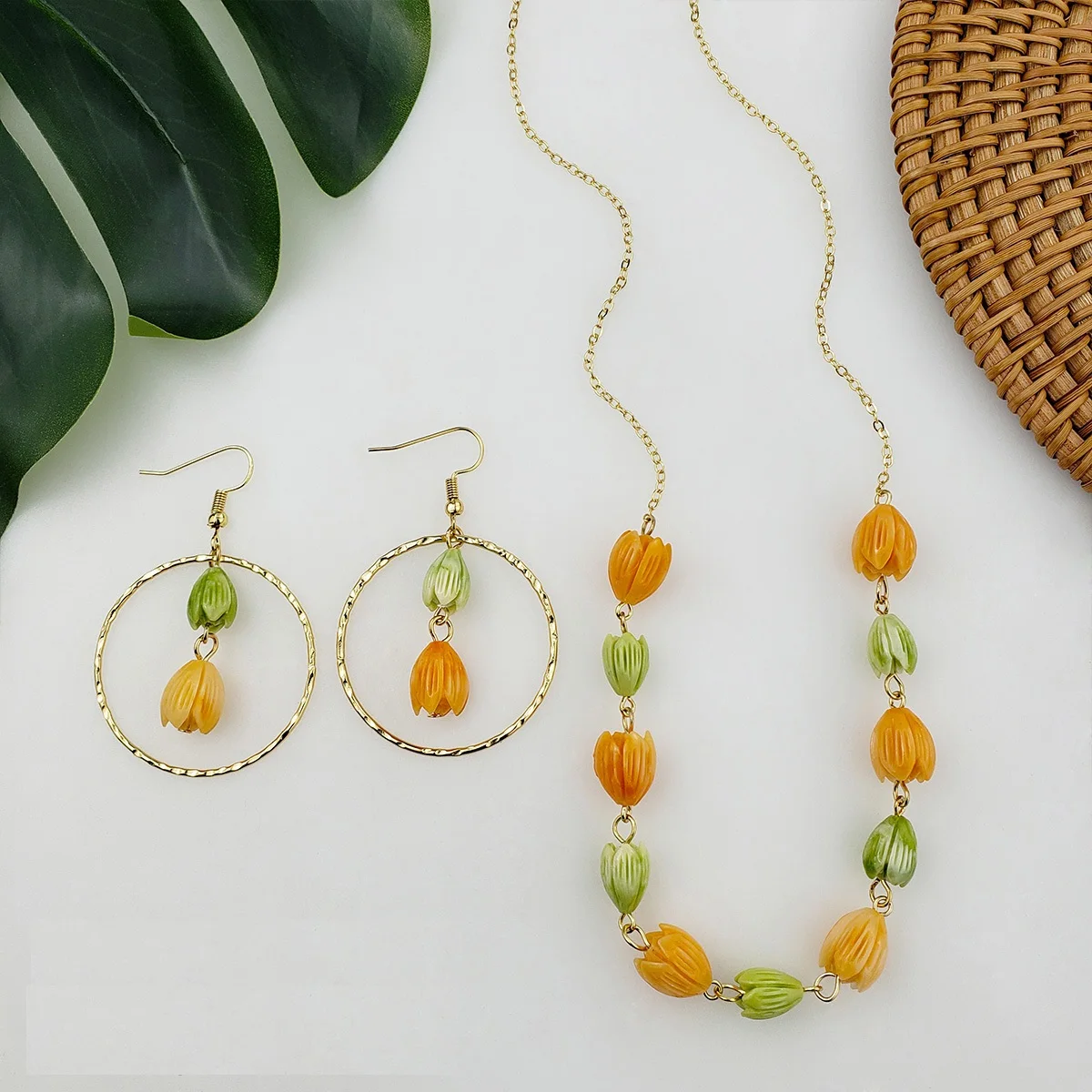 

Hawaiian tribal trendy green and orange pikake necklace jewelry set for woman