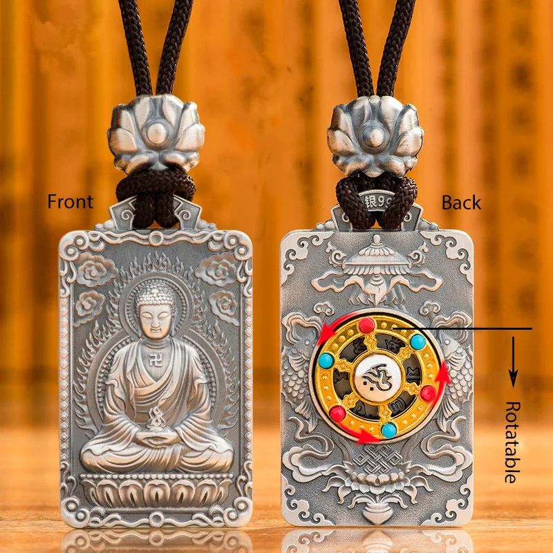 

New Arrival Real Pure 999 Sterling Silver Pendant for Men and Women Retro Vintage Ethnic Buddha Mantra Amulet Lucky Jewelry