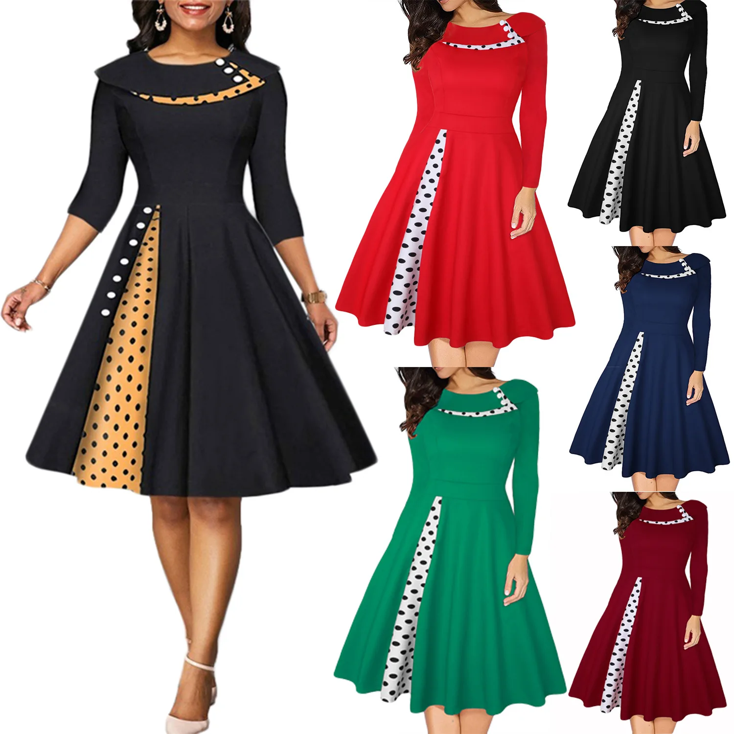 

80322-MX23 vintage dot print o neck flare large hemline plus size women's dresses sehe fashion