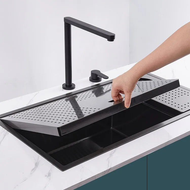 black-inset-kitchen-sink-model-13-cover-board-sliding-open-hand-lifting-reveal-basin