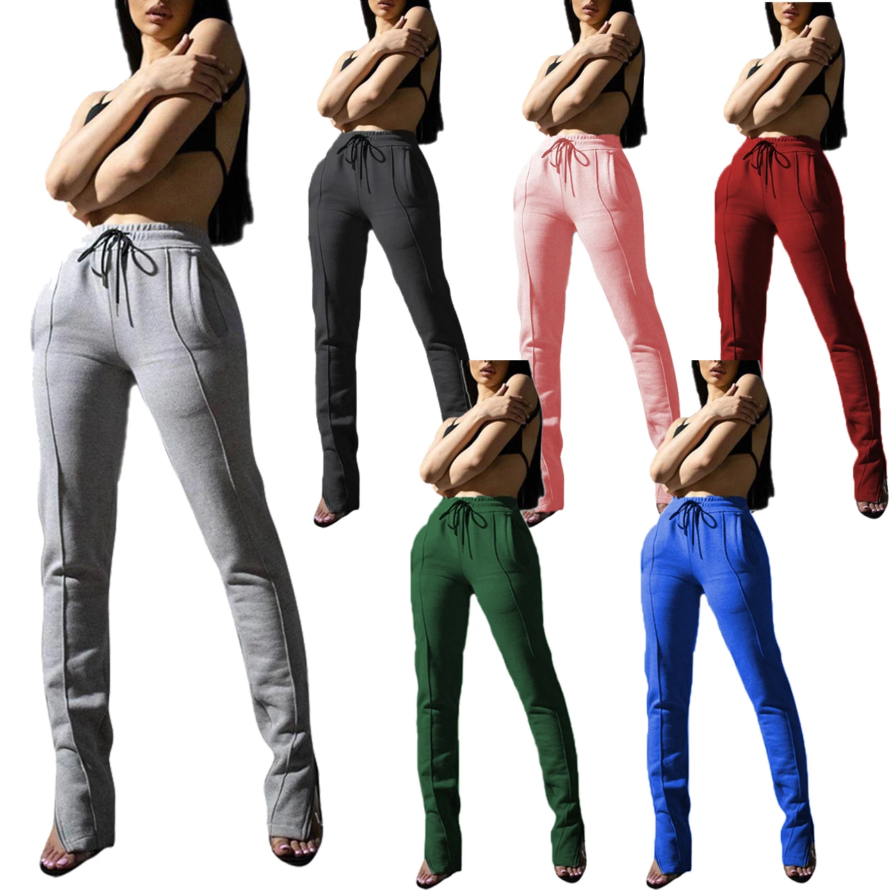 

Winter Solid Color Women Zipper Split Bottom Fleece Thick Joggers Leggings Pants Women Sweatpants