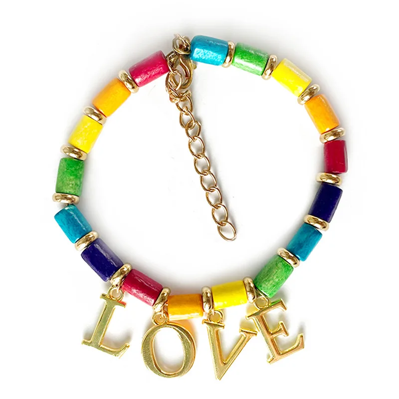 

Rainbow Love Wooden Bead Bracelet LOVE Letter Couple Personality Gift Holiday Style Senior European American Style Jewellery, Accept custom colors