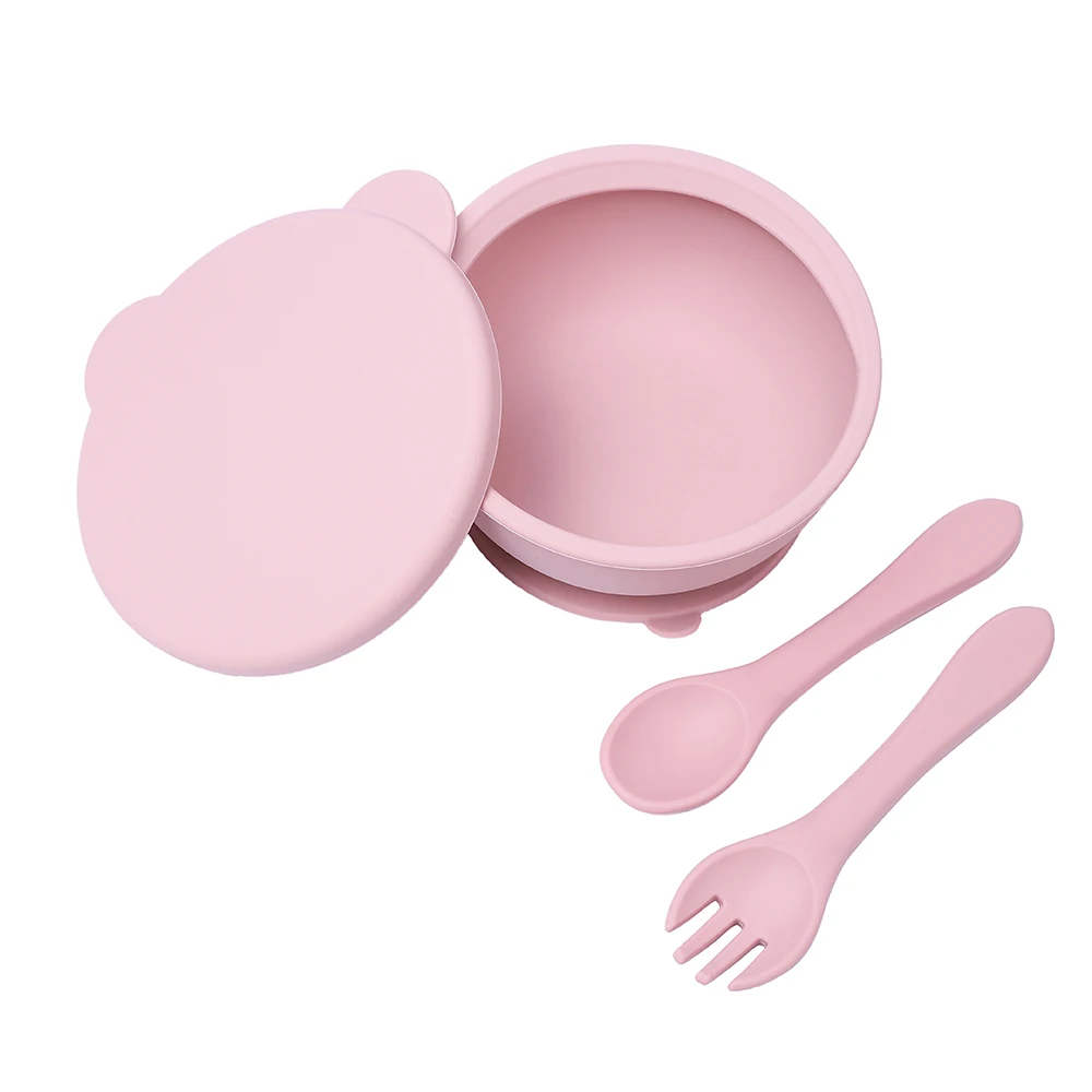 

Custom Slant Dusty Proof Lid Toddler Kids Silicone Baby Feeding Suction Bowl With Spoon, Blue, pink, light green, customized