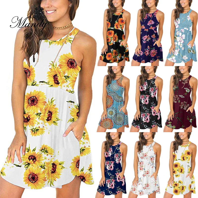 

vest O-neck floral print 2021 swing dresses for women with pocket