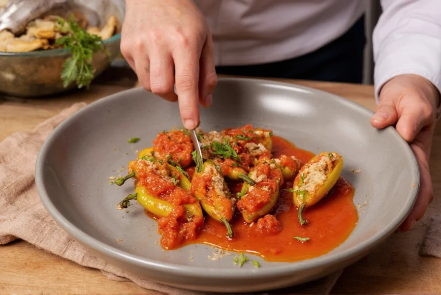 Chef preparing traditional Spanish dish featuring stuffed piquillo peppers with fresh ingredients
