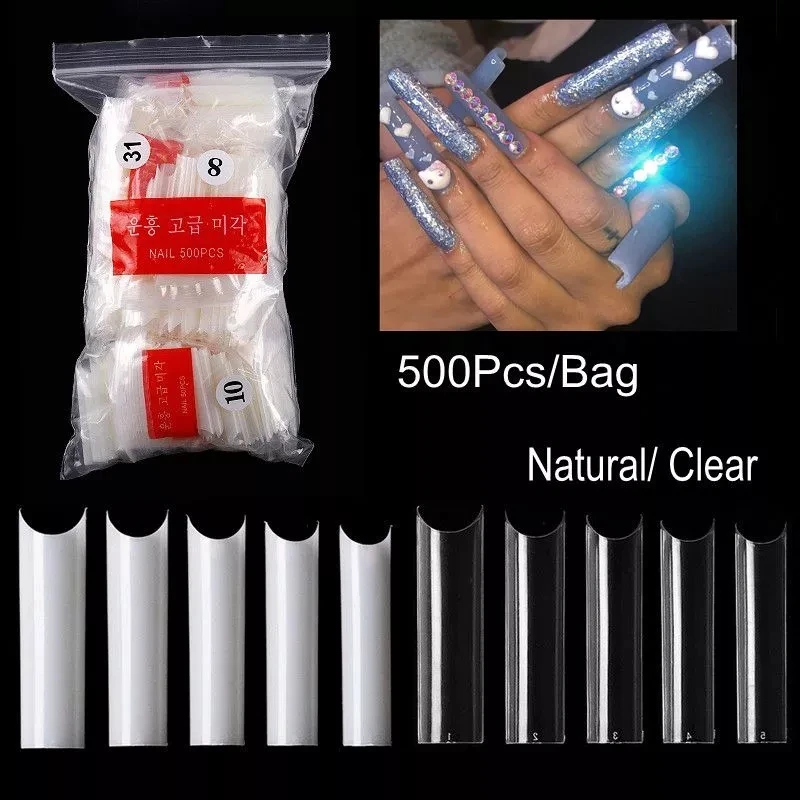 

500pcs/ bag XXL C Curve Nail Tips Clear Extra Long Curved Half Cover False Acrylic Nail Tips, 2 colors