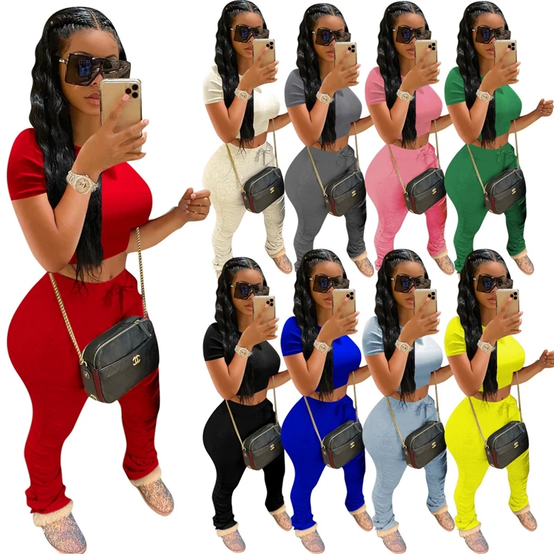 

Active Sweatsuit Women's Set T-shirt and Stacked Flare Pants Suit Sport Jogger Tracksuit Fitness Outfit Two Piece Set, Pink, yellow, red, black, white, green, light blue, blue, dark gray