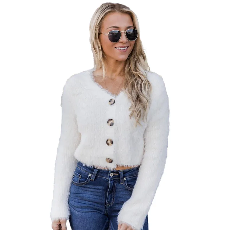 

RaHB1043 women's sweaters white long sleeve high waist buttons warm fluffy, Shown