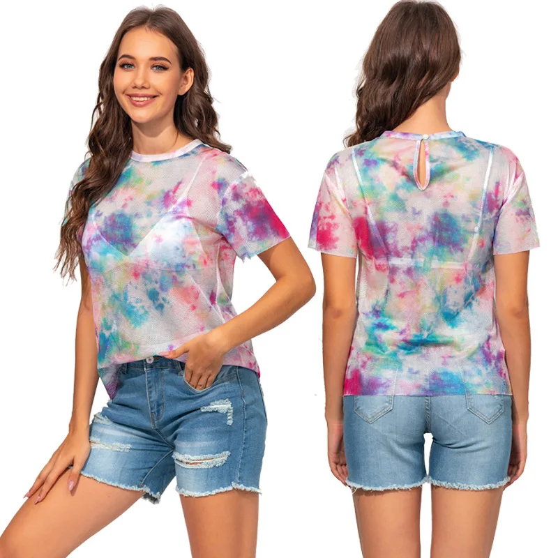 

10401-MX65 mesh see through tie dye plus size t-shirts women sehe fashion