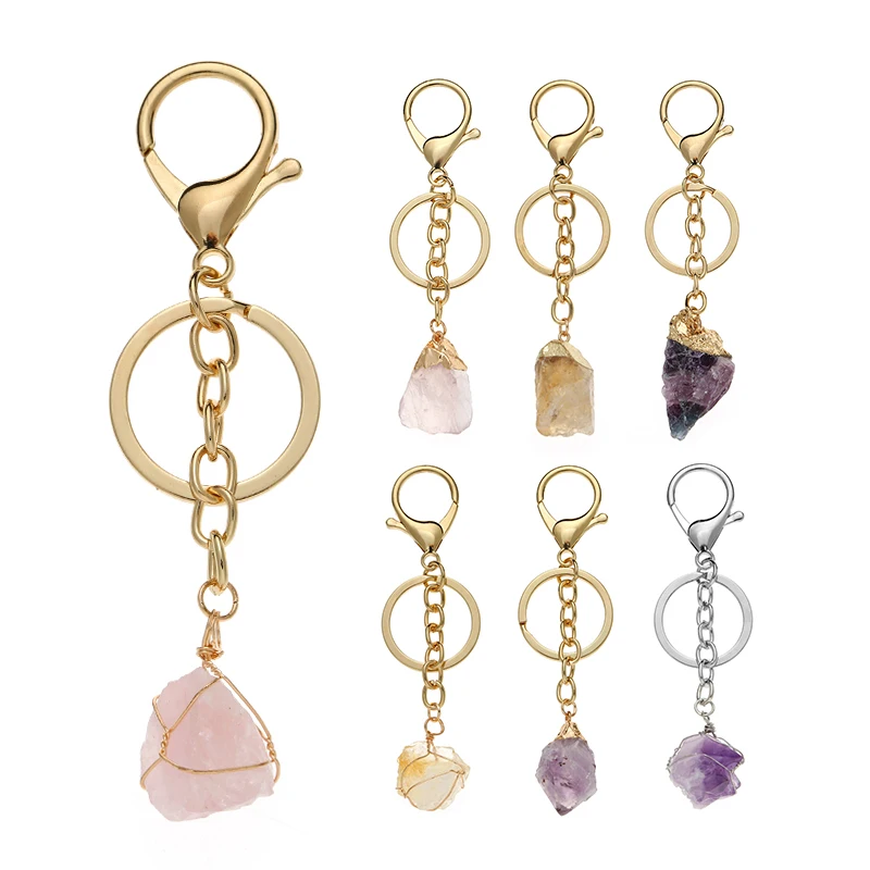 Natural Unshaped Amethyst Gemstone Pendants Key Chain Clear Rose Quartz