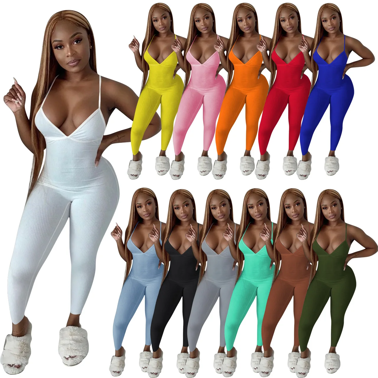 

Wholesale Summer Solid Knit Rib Women Clothing Sleeveless Backless Bodycon Pants Skinny Jumpsuit