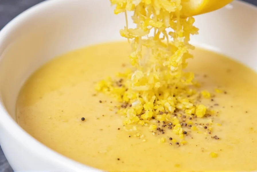 Close-up of fresh lemon zest being grated into a bowl of creamy lemon pepper sauce with visible cracked black pepper
