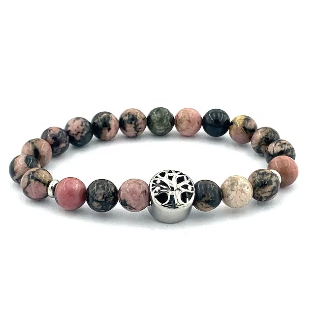 

Stainless steel Tree of life center bead fragrance Amethyst rose quartz Rhodonite Moss Agate Gemstone bracelet