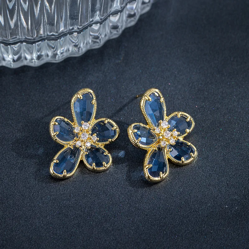 

Aimgal jewelry 925 sterling silver micro-set cubic zirconia blue flower earrings for women