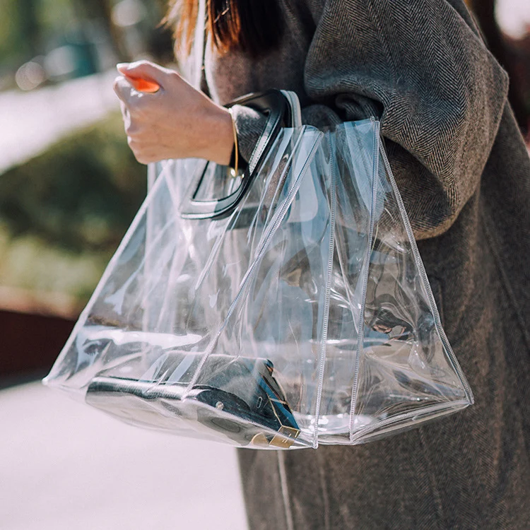 

Lady handbag Promotion Waterproof pvc bag custom logo printed clear transparent pvc shopping tote bag, Clear/holographic