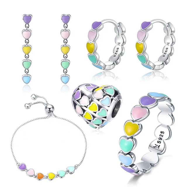 

925 Sterling Silver Zircon Rainbow Heart Earrings Bracelets Rings Fine Jewelry Set