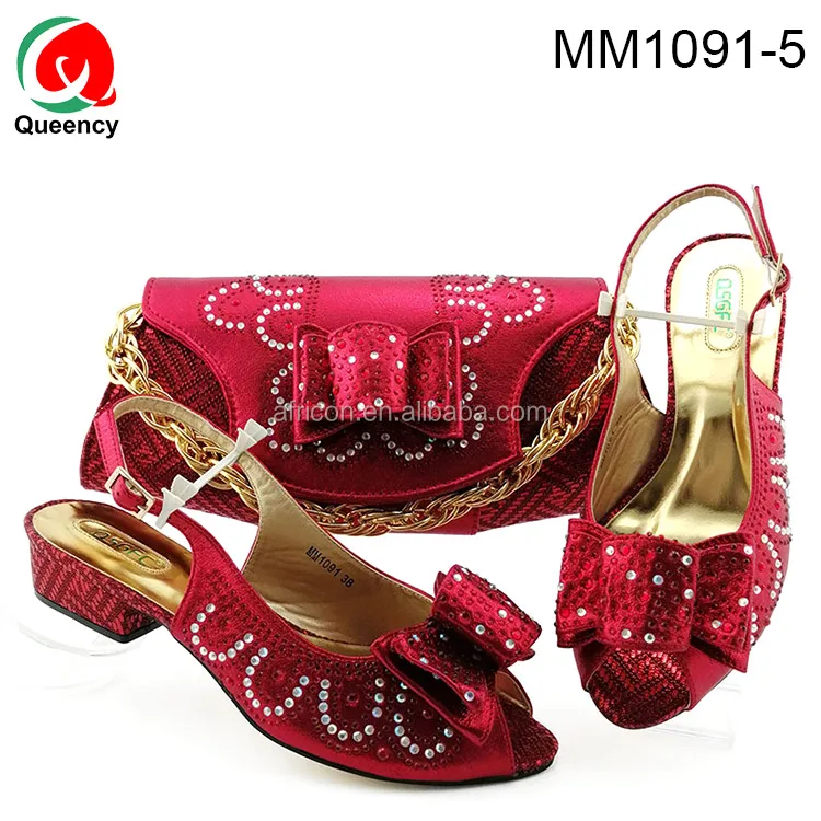 Red Latest Design Elegant Shoes Matching Bag Women Fancy Wedge Heel