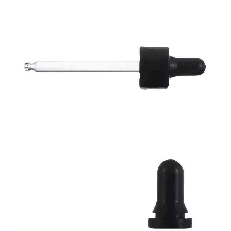 In Stock Elegant Black Smooth Rubber Head Aluminum Cap Glass Pipettes Dropper 18/410 Bottle Stopper MOQ 100pcs