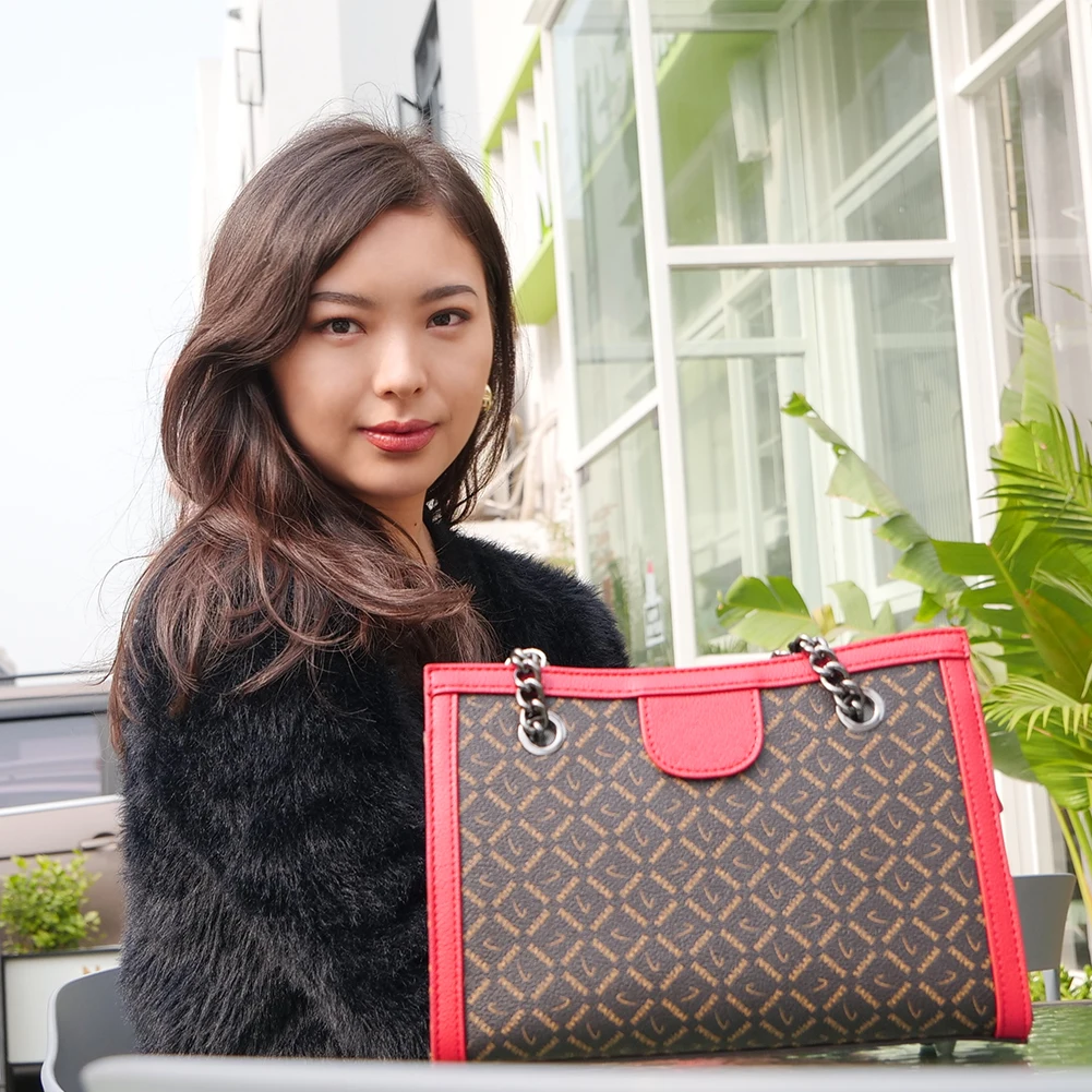 

PVC Hand Hold Bags China Bag Supplier Big Capacity Brown Ladies Fingerprint Customized Anti-theft Lock Woman Handbags Tote Bag, Coffee + red