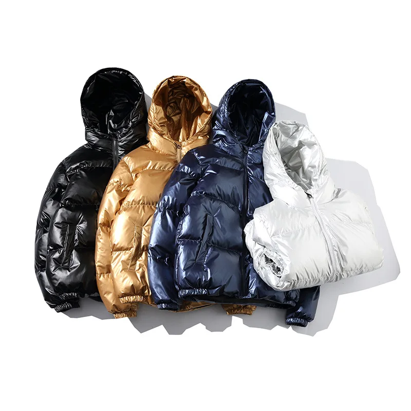 

Winter Fashion Street Loose Hoodie Oversize Hooded Shiny Metal Color Padded Cotton Wadded Men Puffer Puffy Bomber Crop Jacket