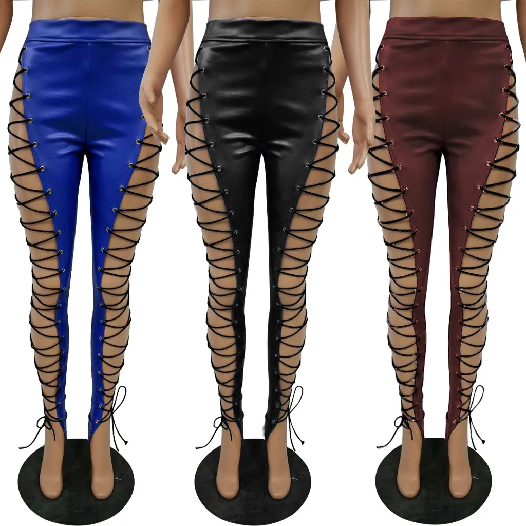 

Hot Sale Women's Trousers High Waisted Sexy PU Ladies Bandage Leather Pants Hollow Out Night Club Pants