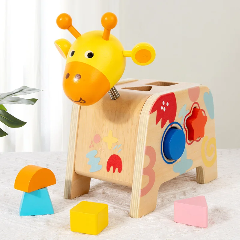 Montessori Children's Wooden Giraffe Geometric Shapes Sorting Shaking Head Game Educational Cognition Learning Toys for Kids