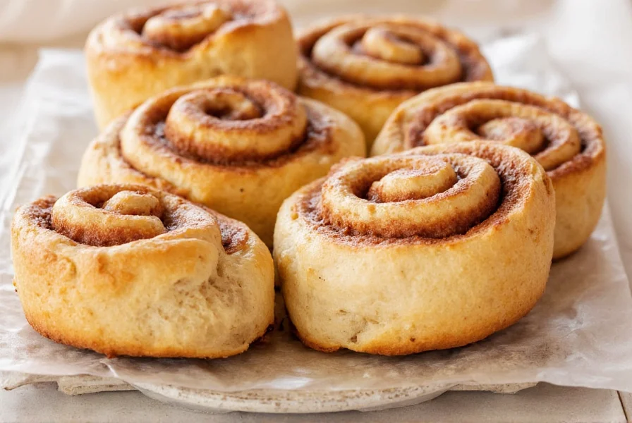Perfectly risen vegan cinnamon rolls with glossy icing on a white plate, golden brown exterior, visible cinnamon swirls