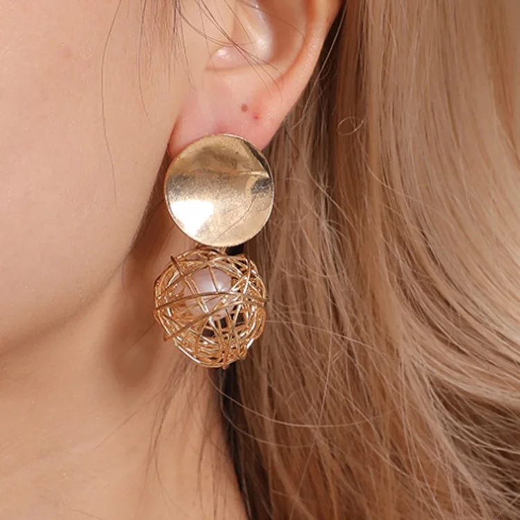 

European and American vintage geometric earrings gold braided round pearl drop earrings, As picture show