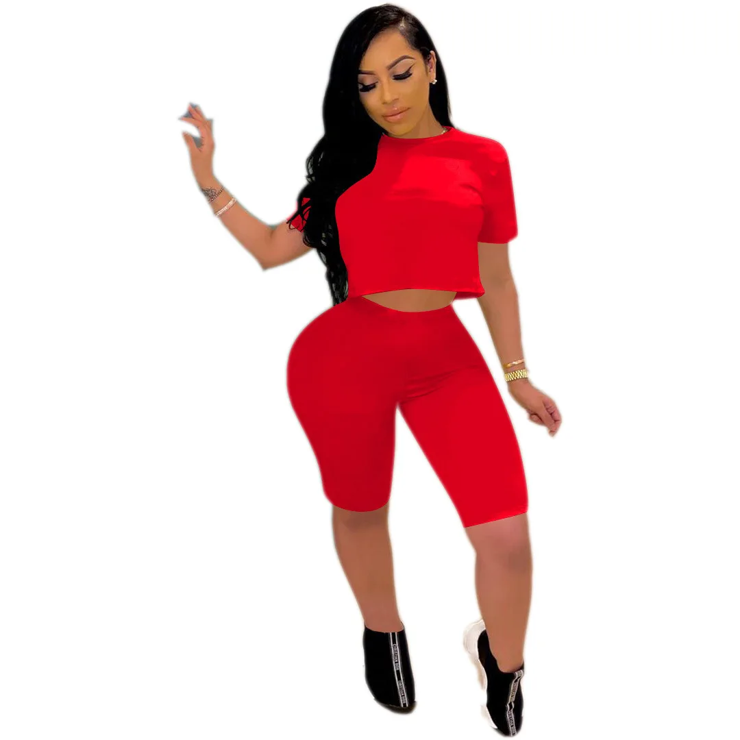 

9S4U 2020 Hot Sale Solid Pants Outfits Crop Top Two Piece Shorts Set Women Clothing Summer Casual Sport 2 Two Piece Set, Customized color