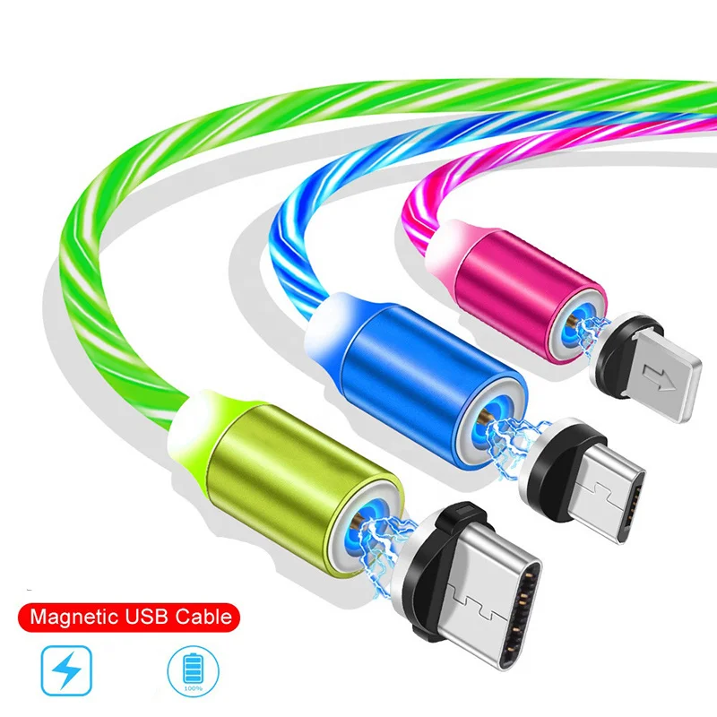

Amazon 1M 2M 3 in 1 LED Glow Flowing magnetic Charger usb led cable Micro USB Type C Charging all in one magnet Cable