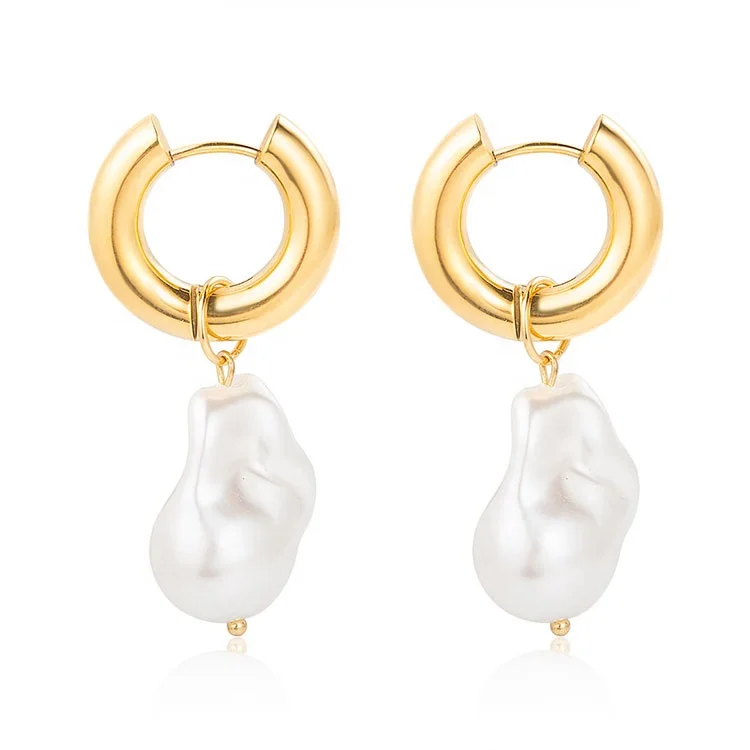 

Wholesale Fashion Women Jewelry 18K Gold Plated Stainless Steel Pearl Charm Small Hoop Earrings Gold