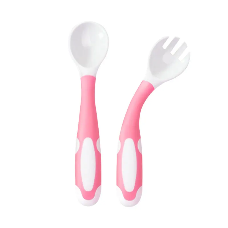 

Wholesale Children Flatware Feeding Spoons Safety Baby Silicone Spoon And Fork Set, Pink, blue,green or customized colors