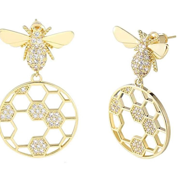 

New 925 Sterling Silver Needle Cubic Zirconia Drop Earrings Brass Bee & Honeycomb Dangle Earrings for Women