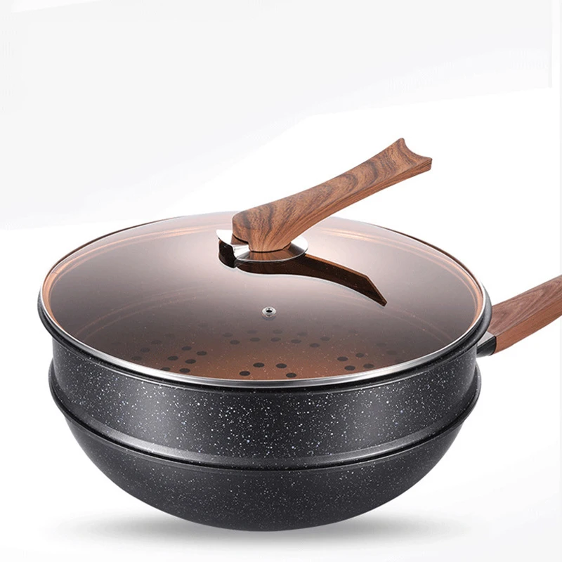 

black steel wok cast iron wok pan steamer wooden handle non stick stainless woks cookware, Picture