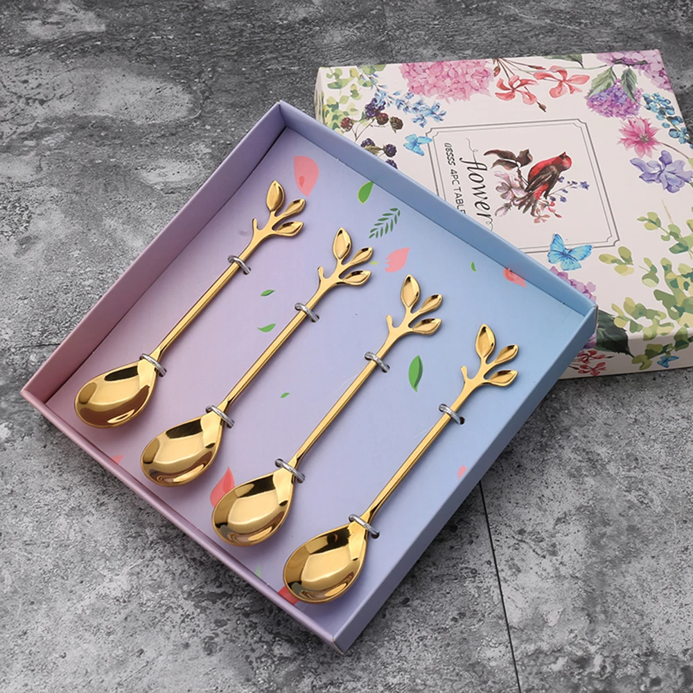 

Hot Selling Gift Set Leaf Spoons Tea Coffee Dessert Spoon Stainless steel Gold Teaspoon, Silver, gold, colorful