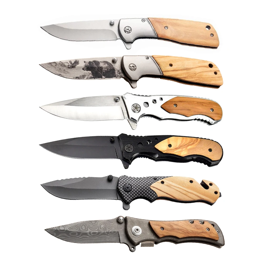 

Customization Bear Elk Pattern Blade Olive Wood Handle Camping Survival Tactical Outdoor Pocket Folding Hunting Knives Set