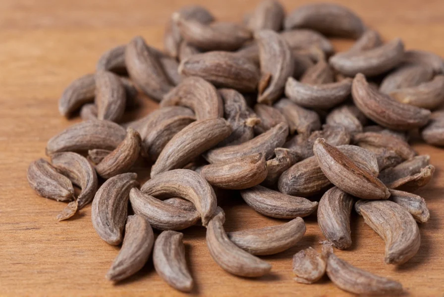 Close-up view of aniseed seeds showing their distinctive crescent shape and grayish-brown color on a wooden table