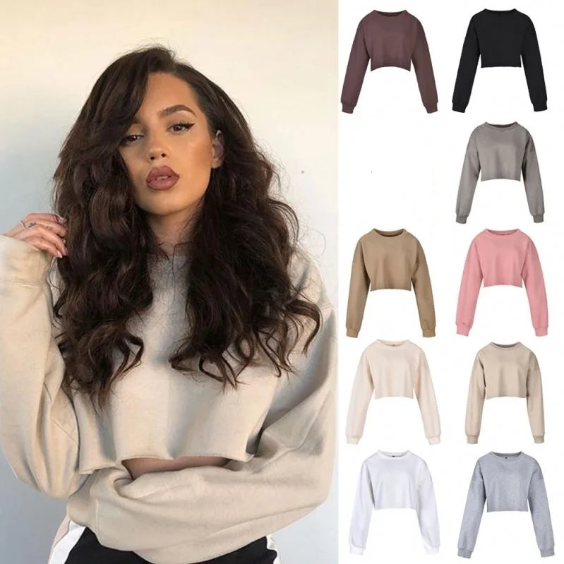 

Toplook 2020 New Women Spring Autumn Patchwork Long Sleeve Crew Neck Crop Top Hoodies B408, As pictured