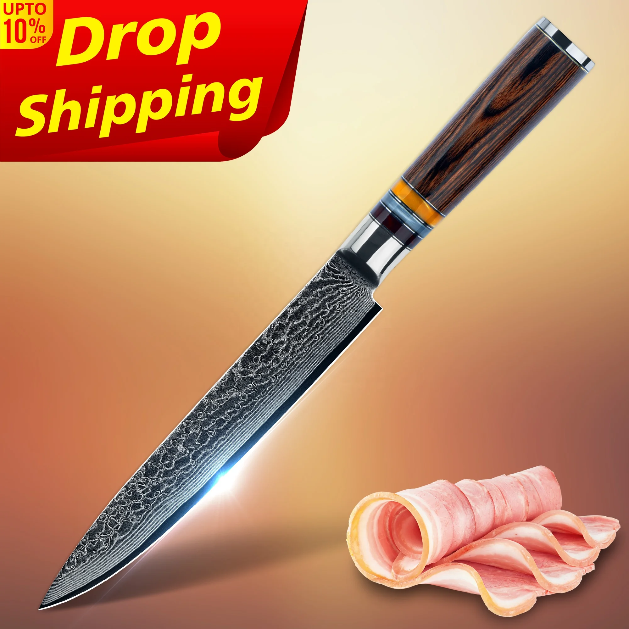 

10% off SkyCook 8 Inch slicing knife wood carving knives damascus knife wood handle with Wood Handle, Customized color