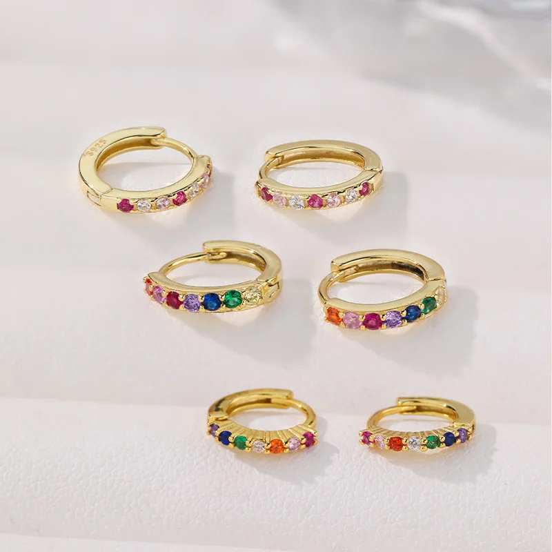 

Hot Selling Trend 925 Sterling Silver 18K Gold Plated Rainbow Colorful Zircon Multi Color Hoop Earrings