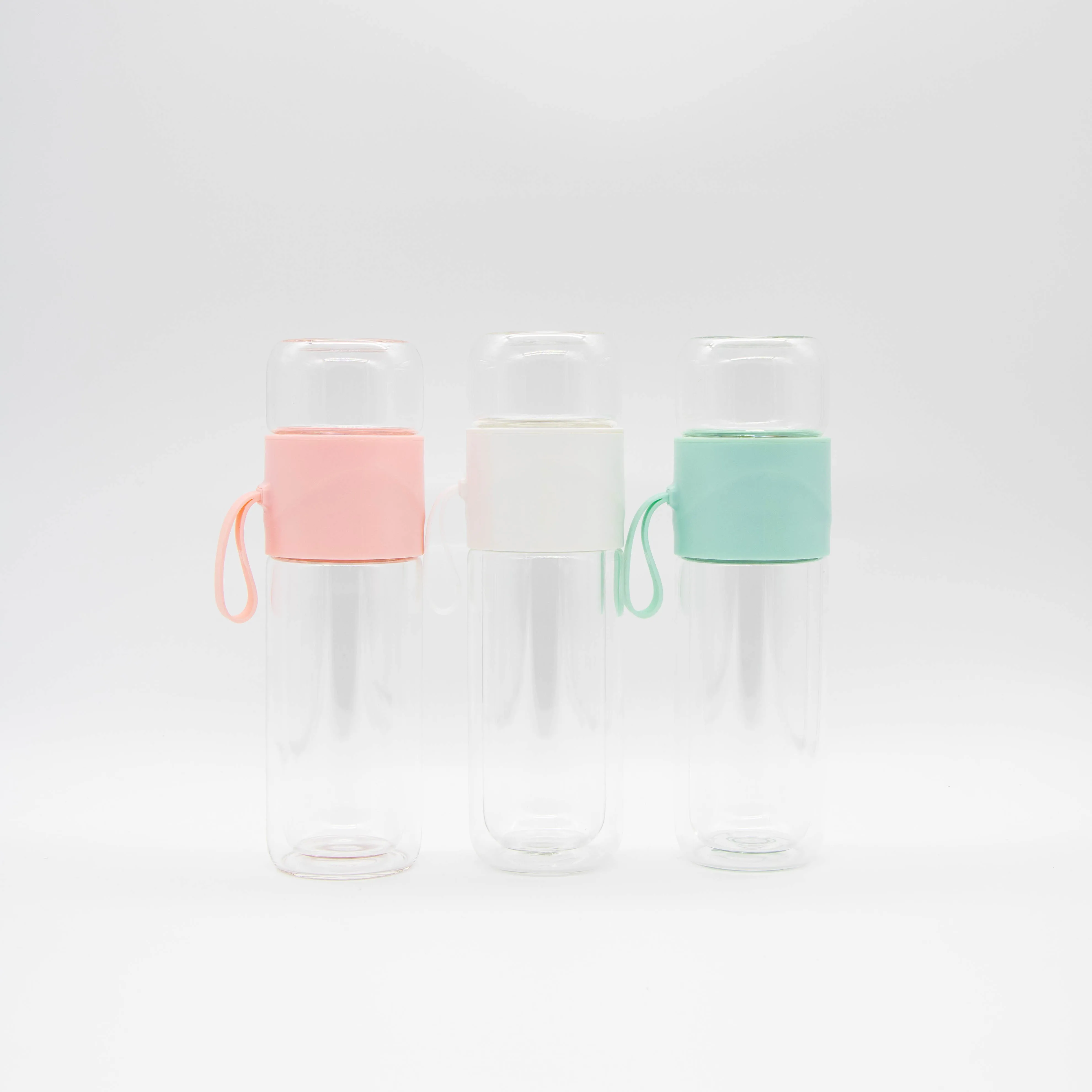 

High quality heat-resistant unbreakable glass water bottle with tea infuser tea bottle eco friendly clear glass water bottle, White / pink / blue