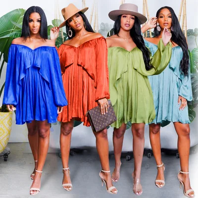 

2021 Women Dress Solid Full Sleeve Slash Neck Loose Elastic Above Knee Dresses Casual High Street Fashion Outfits Coldker, Picture