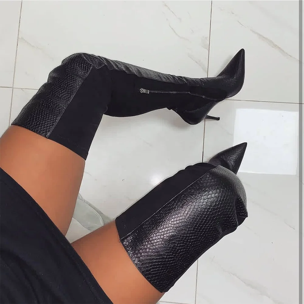 

Women Skintight Thigh High Boots PU Stretch Upper Ladies Over Knee Boots Stiletto Night Club Pole Dancer Long Pumps Shoes, Black