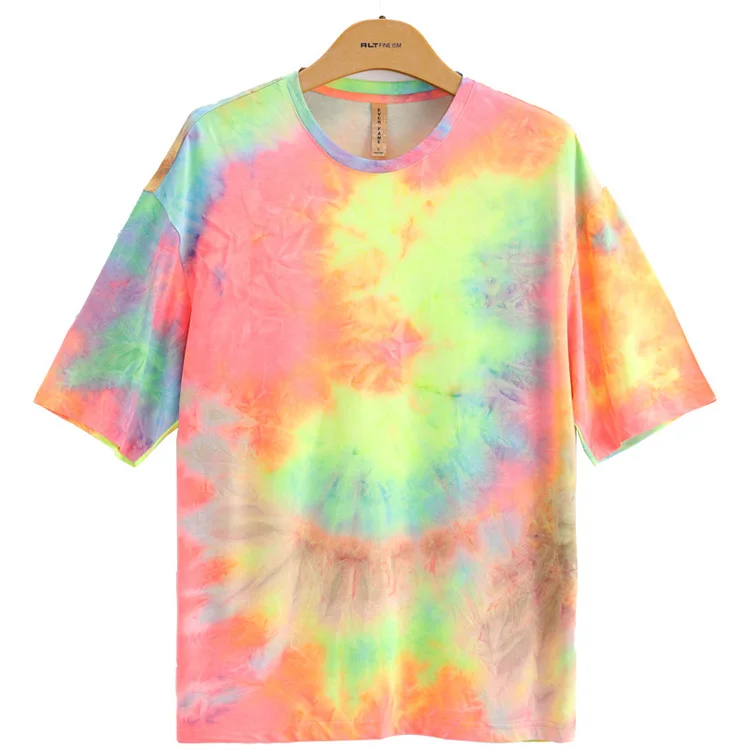 

New cross-border tie-dye top Mens short-sleeved round neck fluorescent tie-dye T-shirt Male customerised clothes, Customed