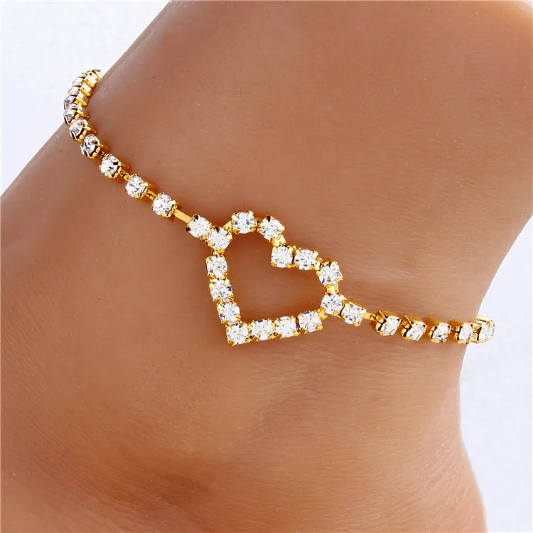 

Shiny Zircon CZ Heart Anklets Bracelet Gold Silver Rhinestone Crystal Tennis Chain Heart Anklet for Women Girls