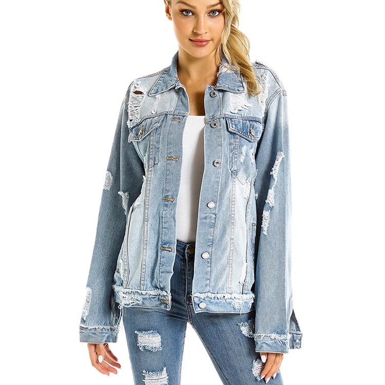 

2020 new arrivals fashion trending wholesale casual women plus size ripped denim jacket