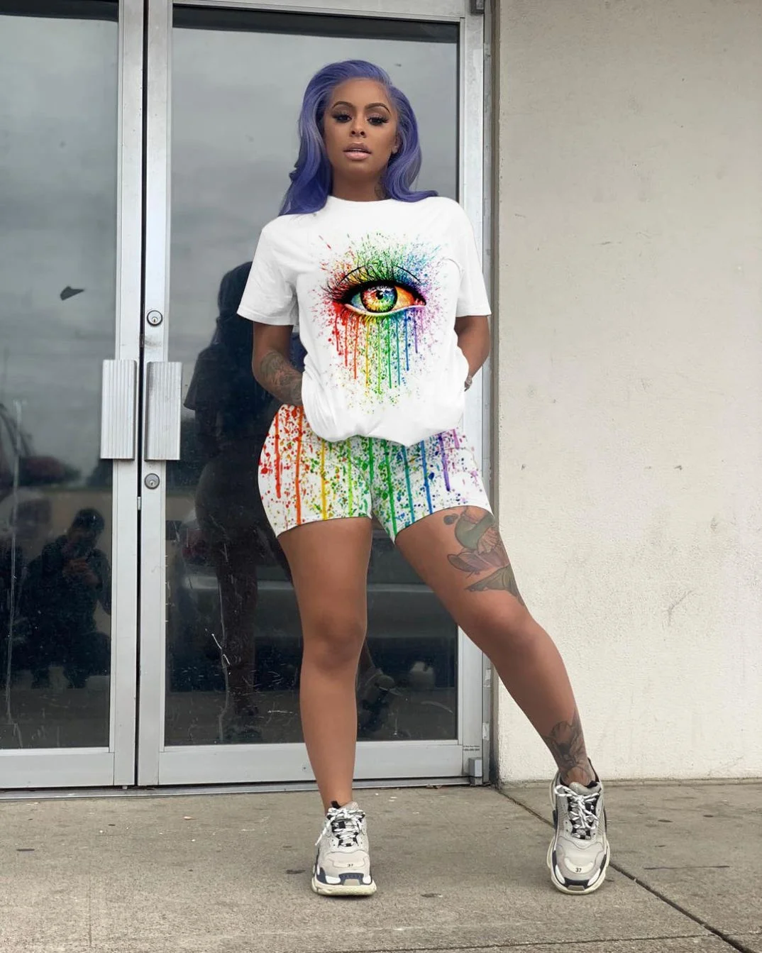 

VOOGUE Ladies Fashion Eye Print Short Sleeve Shorts Set