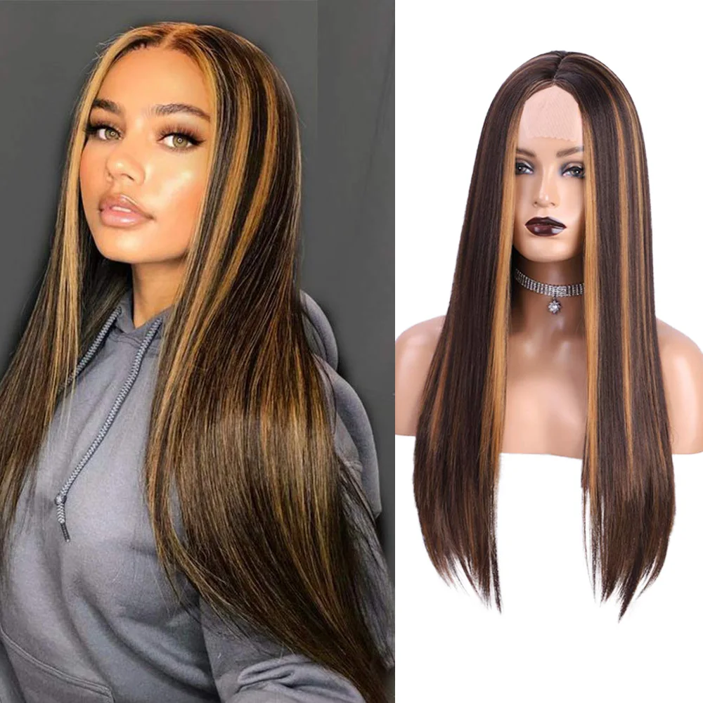 

High Quality Full Fiber Wigs Synthetic Vendor Heat Resistant Wig Highlights brown Long Frontal Lace Straight Synthetic Hair Wig