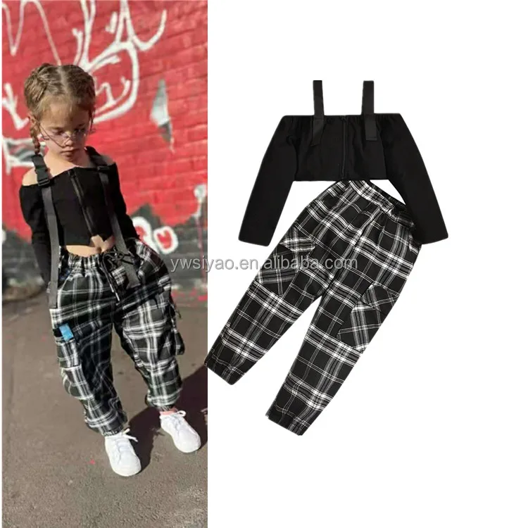 

Hot Sale Latest Girls Outfits Black Long Sleeve Off-shoulder Zipper Crop Top+Casual Trousers Wholesale Kids Girls 2pcs Set